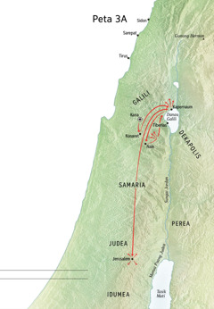Peta ke nunjukka pengawa nginjil Jesus ba Galili, Kapernaum, Kana