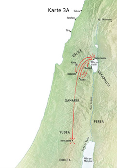 Karte oyo emonisi mosala ya Yesu na Galile, Kapernaume, Kana