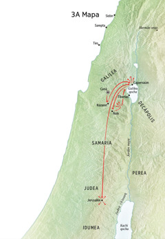 Galilea, Capernaúm, Caná llaqtakunapi Jesuspa predicasqanmanta mapa