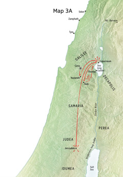 Map wea showim ministry bilong Jesus long Galilee, Capernaum, Cana