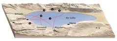 Map o leoliadau yn ystod amser gweinidogaeth Iesu yn ardal Môr Galilea