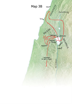 Map o leoliadau yn ystod gweinidogaeth Iesu yn ardaloedd Galilea, Phoenicia, a’r Decapolis