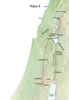 Mapu oonetsa malo amene Yesu analalikila ku Yudeya ndi Yerusalemu, Betaniya, Betsaida, Kaisaleya wa Kufilipi