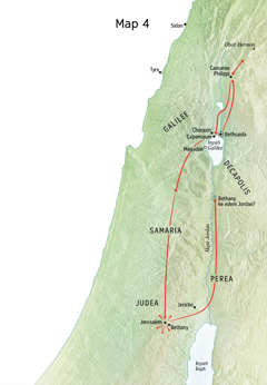 Map owụtde mme ebiet emi Jesus ọkọkwọrọde ikọ ke Judea, Jerusalem, Bethany, Bethsaida, ye Caesarea Philippi
