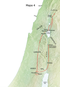 Mapa di Hesus su sirbishi na Hudea, inkluyendo Herúsalèm, Betania, Bètsaida, Sesarea di Filipo