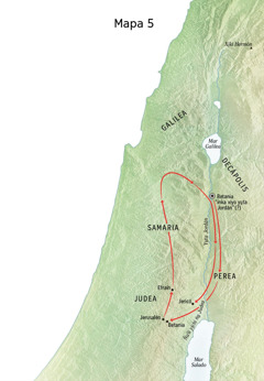 Mapa ñuu nu̱ú ni̱xi̱ka ta̱ Jesús chí Betania, Jericó, xíʼin Perea