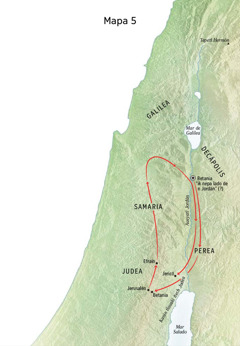 Map of locations related to Jesus’ ministry including Bethany, Jericho, and Perea