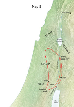 Mapa kampa nesi kanon okichiuj itekiyo Jesús ipan Betania, Jerico niman Perea