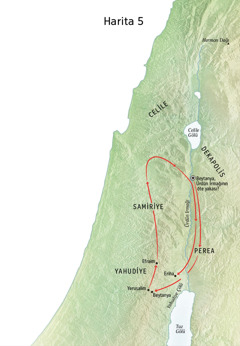 İsa’nın Beytanya, Eriha ve Perea’daki hizmetini gösteren harita