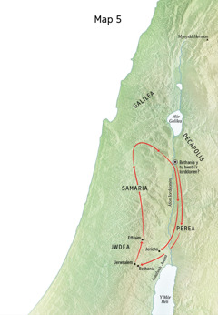 Map o leoliadau yn ystod amser gweinidogaeth Iesu gan gynnwys Bethania, Jericho, a Perea