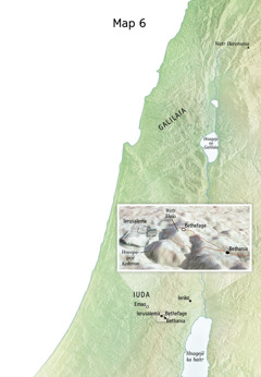 Map of locations related to Jesus’ final ministry including Jerusalem, Bethany, Bethphage, and the Mount of Olives