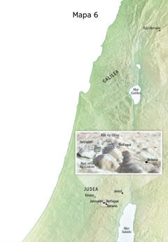 Mapa nu̱ú va̱xi ñuu nu̱ú ni̱xi̱ka ta̱ Jesús, va̱xi ñuu Jerusalén, Betania, Betfagué xíʼin xi̱kí ña̱ Olivo