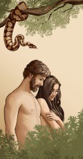 آدم وحواء في جنة عدن والحية فوقهما