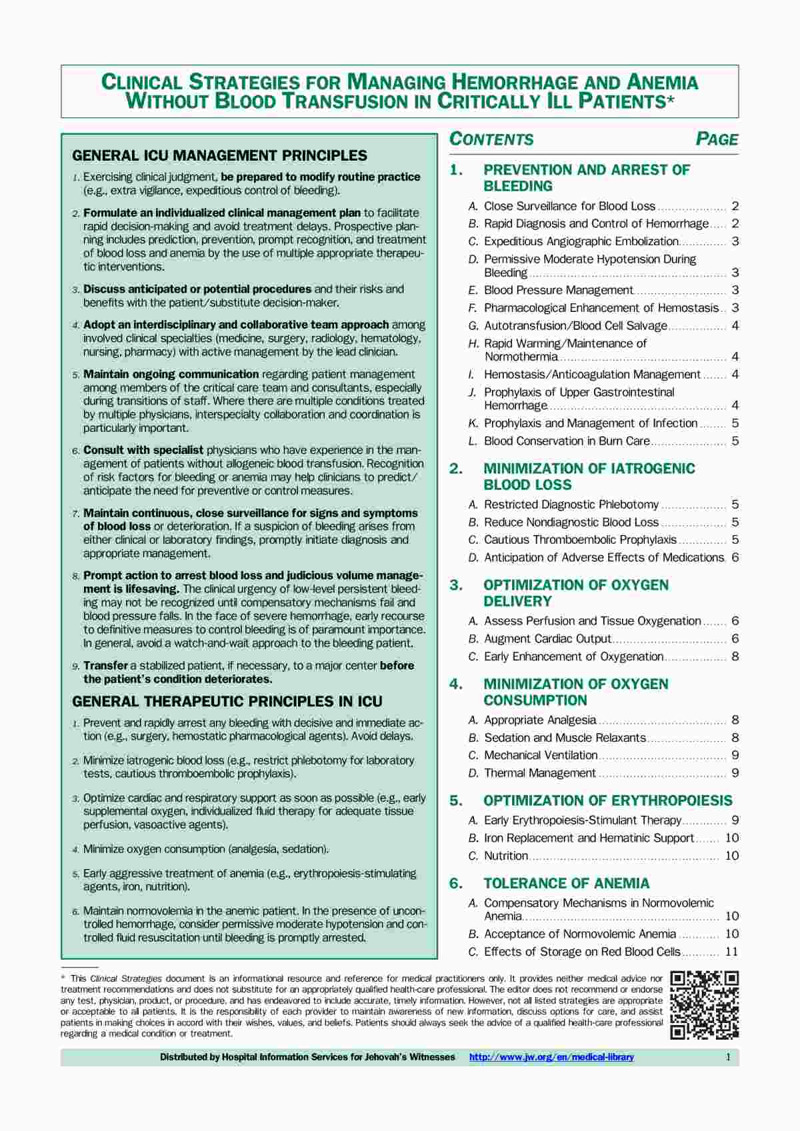 Clinical Strategies For Managing Hemorrhage And Anemia Without Blood Transfusion In Critically Ill Patients