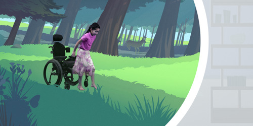 Uma menininha sentada numa cadeira de rodas pula da cadeira e começa a correr