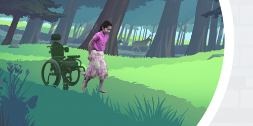 Uma menininha sentada numa cadeira de rodas pula da cadeira e começa a correr