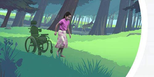 A little girl sits in a wheelchair, then jumps out of it and runs