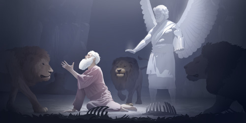 Daniel na cova dos leões; um anjo protegendo Daniel