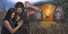 エデンの園から追放されるアダムとエバ