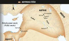 1. Asyrský okřídlený býk; 2. Mapa Asyrské říše