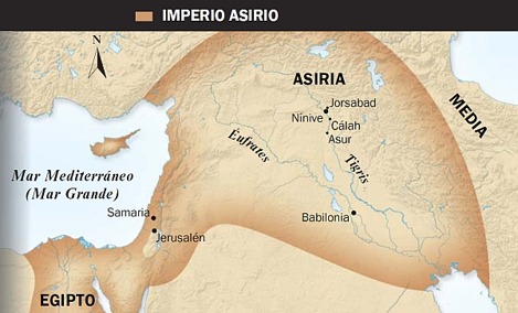 1. Toro alado asirio; 2. Mapa del Imperio asirio