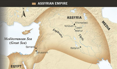 1. Assüüria tiivuline sõnn; 2. Assüüria impeeriumi kaart