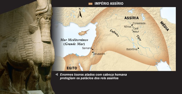 1. Touro alado assírio; 2. Um mapa do Império Assírio