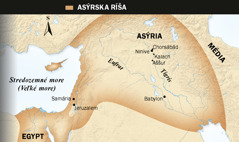 1. asýrsky okrídlený býk; 2. mapa Asýrskej ríše