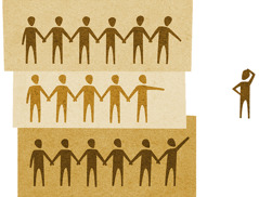 Three organized groups of people reach out to a single person