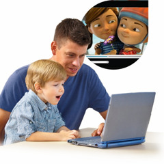 Isä pienen poikansa kanssa katsomassa jw.org-sivuston Lapset-osiota