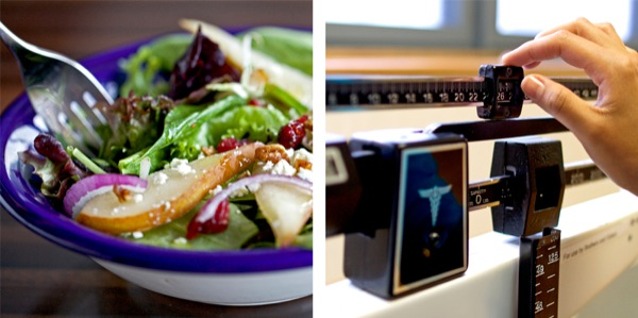 1. A healthy salad; 2. Measuring a persons weight on a scale