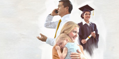 1. A businessman; 2. A college student holding her diploma; 3. A mother holding her daughter