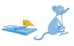 Ratón deseando comerse un trozo de queso que está en una trampa