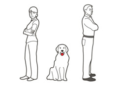 A dog sitting between a couple who are separating