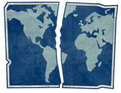 A map of the world torn in two