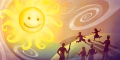 Caricatura de un Sol feliz, ráfagas de aire, gente jugando y paseando