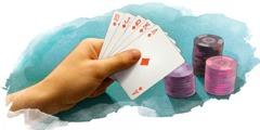 Une personne tient en main des cartes à jouer et a devant elle des piles de jetons de poker