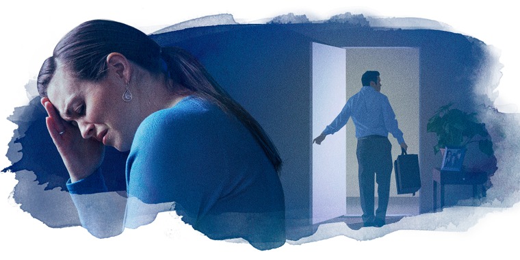 A brokenhearted wife turns away as her husband leaves carrying a suitcase