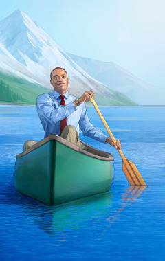 Vyras ramiai irkluoja savo valtį