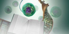 Información del ADN de una célula, representada como libros en una biblioteca