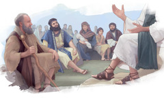Män, kvinnor och barn sitter och lyssnar till Jesus