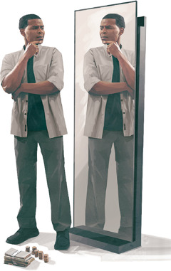Un uomo si guarda allo specchio con accanto un mucchietto di soldi