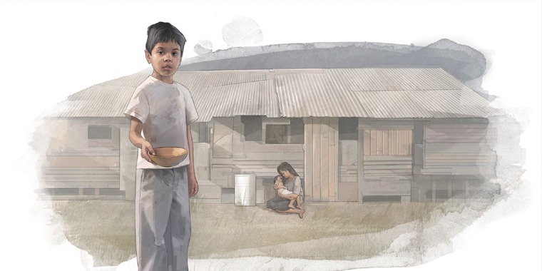 A little boy, in front of a dilapidated house, holds an empty bowl