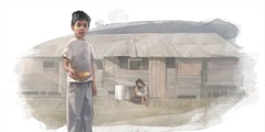 A little boy, in front of a dilapidated house, holds an empty bowl
