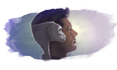 An ape’s head superimposed on a man’s head