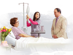 Une femme convalescente est dans un lit d’hôpital pendant que sa personne de confiance discute avec une infirmière