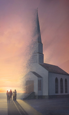 Bir aile kapalı bir kilisenin önünde duruyor