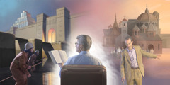 Άντρας διαβάζει τη Γραφή και οραματίζεται τα νερά γύρω από την πόλη της Βαβυλώνας να υποχωρούν και ανθρώπους να φεύγουν από τη Βαβυλώνα τη Μεγάλη