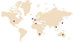 Mapa, na której zaznaczono Australię, Francję, Irlandię, Japonię, RPA, Tunezję, USA i Wietnam