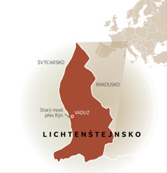 Mapa, na které je Lichtenštejnsko sousedící se Švýcarskem a Rakouskem